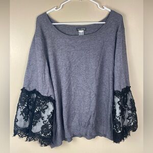 VENUS Woman’s Charcoal Grey with Black Lace Long Sleeves Sweater Plus 3X